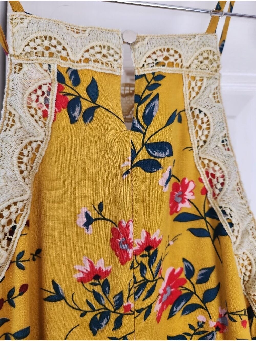 Blue Rain Floral Print Dress Small Yellow Lace Trim Sleeveless Summer Boho - Picture 7 of 16
